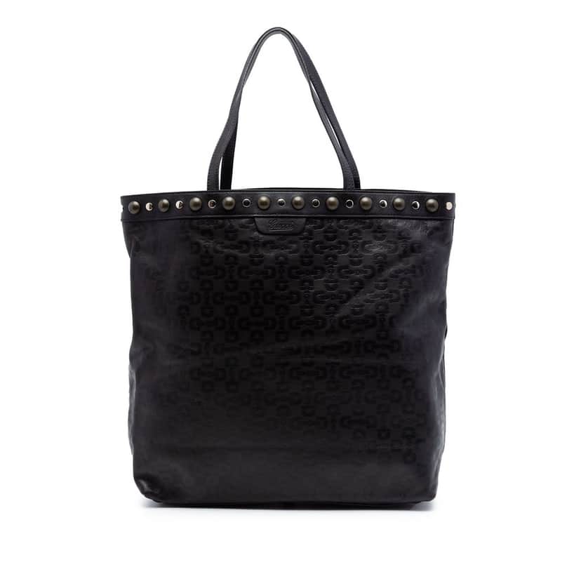 Gucci Embossed Studded Leather Horsebit Tote Black Leather Very good condition - Front View