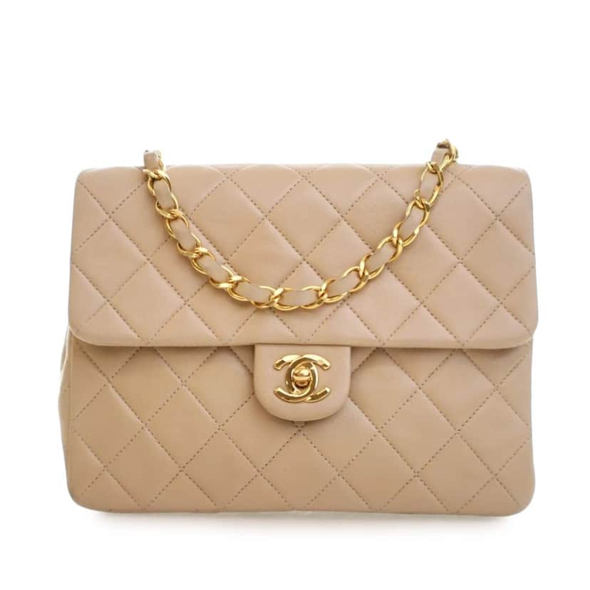 Chanel Small Square Quilted Lambskin Flap Beige Leather Very good condition - Front View