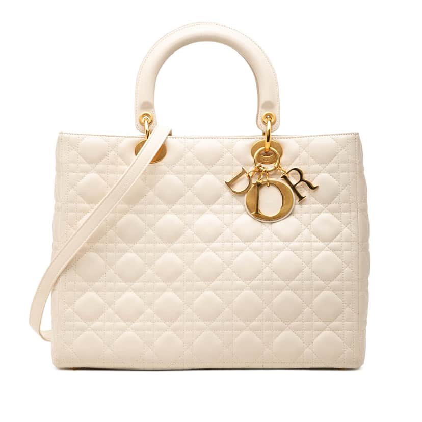 Dior Large Lambskin Cannage Lady Dior White Leather Very good condition - Front View