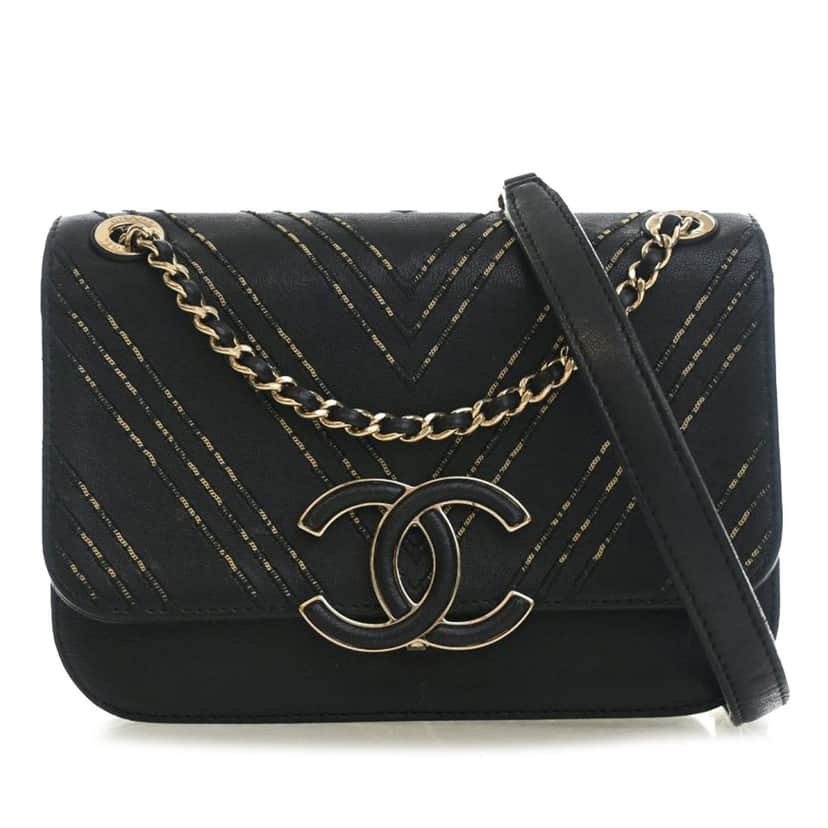 Chanel Small Chevron Sheepskin Subtle Flap Black Leather Very good condition - Front View