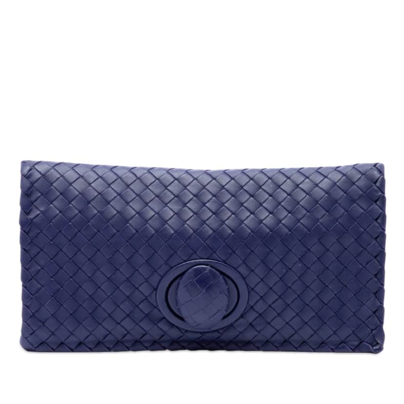 Bottega Veneta Nappa Intrecciato Turn Lock Clutch Blue Leather Very good condition - Front View