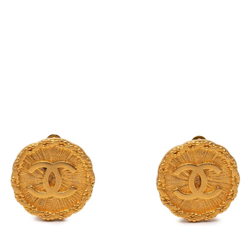 Chanel CC Gold Plated Round Clip On Earrings Gold Metal Very good condition - Front View
