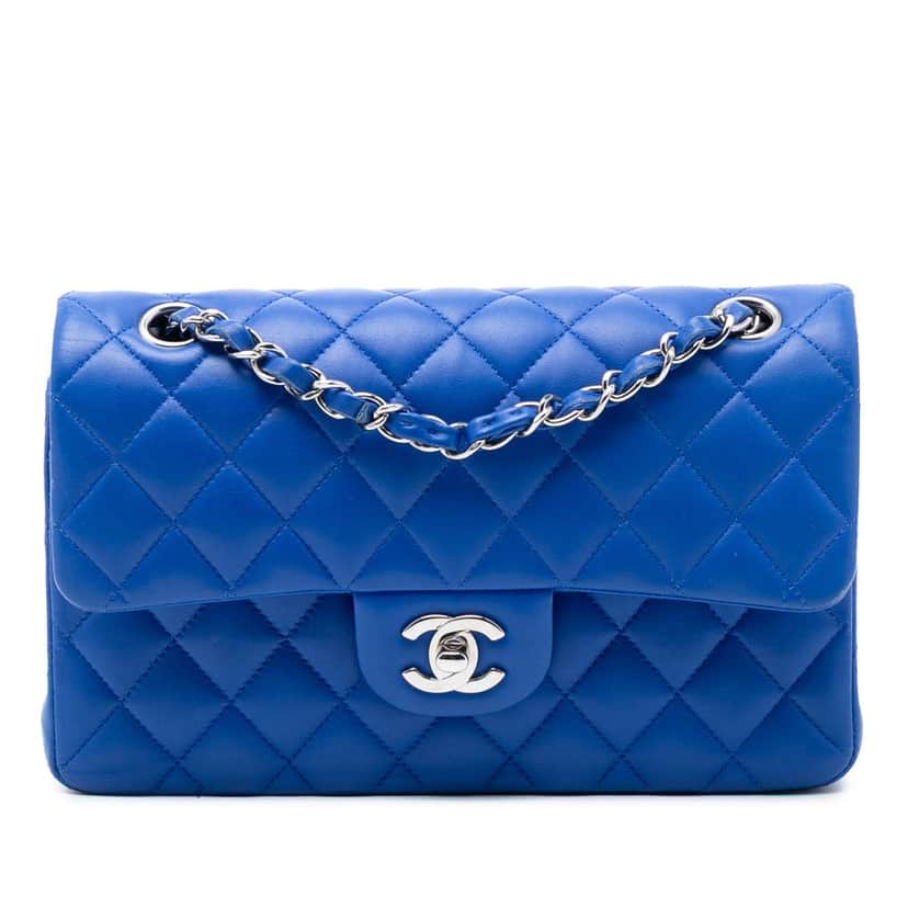 Chanel Small Classic Lambskin Double Flap Blue Leather Very good condition - Front View