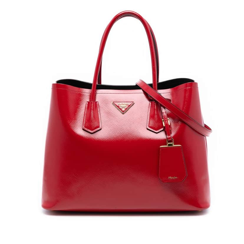 Prada Medium Saffiano Vernice Double Satchel Red Leather Very good condition - Front View