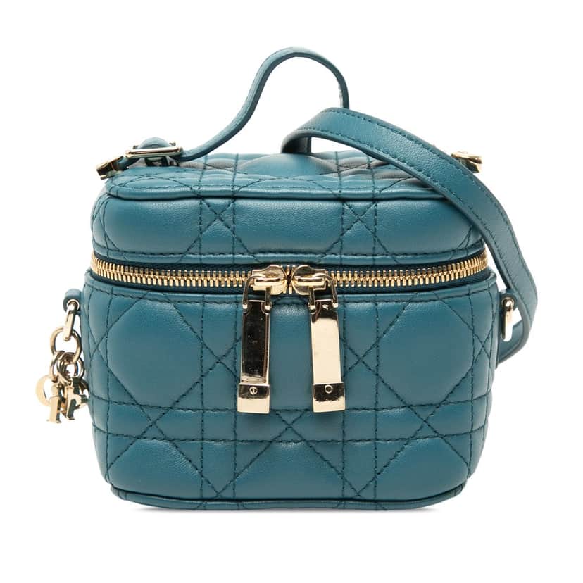 Dior Micro Lambskin Cannage Lady Dior Vanity Case Blue Leather Very good condition - Front View