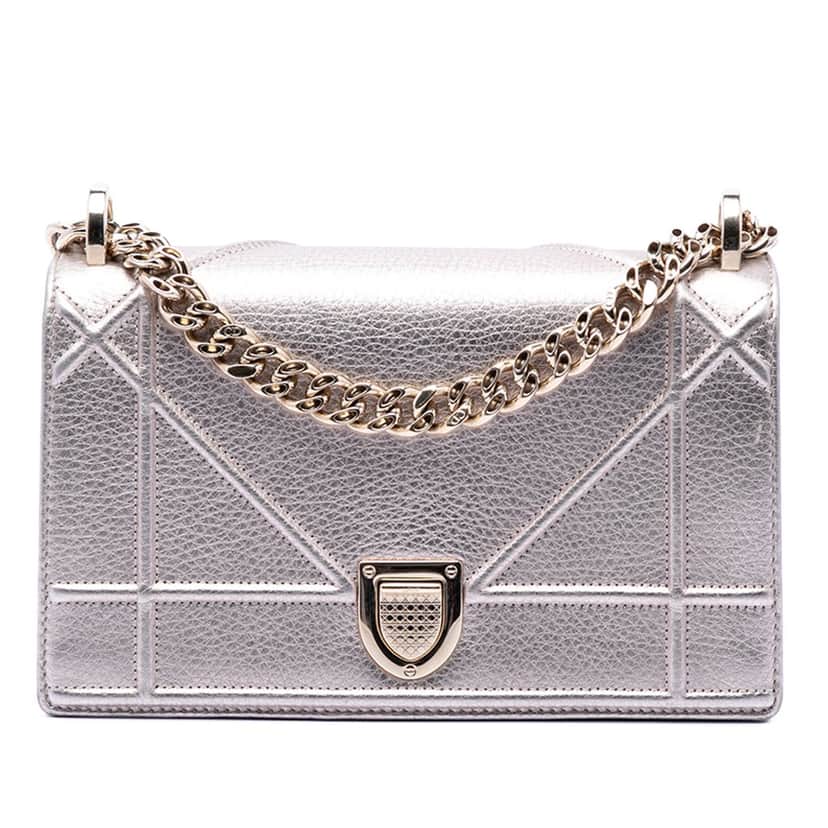 Dior Small Metallic Grained Calfskin Diorama Flap Gold Leather Very good condition - Front View