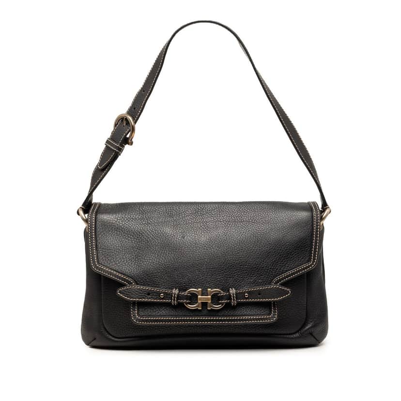 Salvatore Ferragamo Leather Double Gancini Shoulder Bag Black Leather Very good condition - Front View