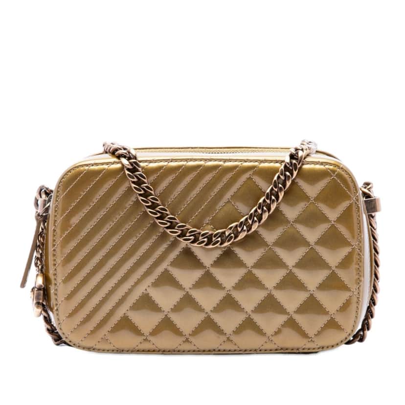 Chanel Small Quilted Metallic Patent Coco Boy Camera Bag Gold Leather Very good condition - Front View