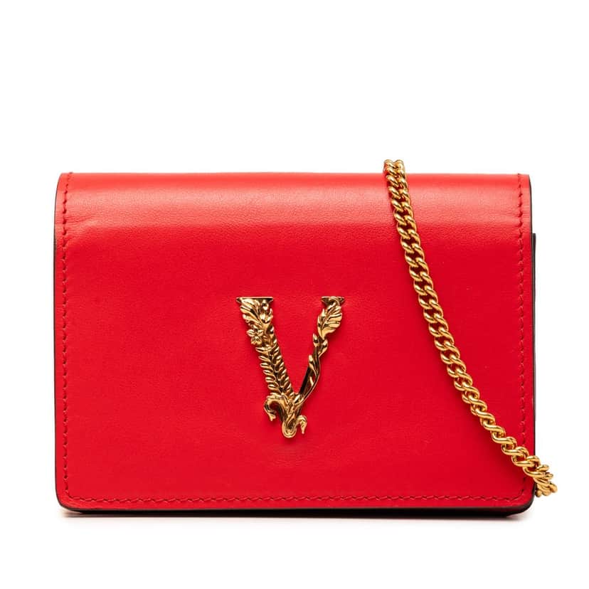 Versace Mini Leather Virtus V Chain Crossbody Red Leather Very good condition - Front View
