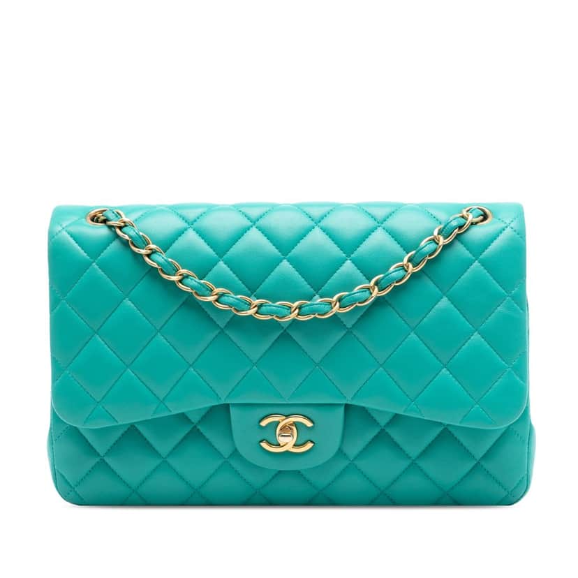 Chanel Jumbo Classic Lambskin Double Flap Green Leather Very good condition - Front View