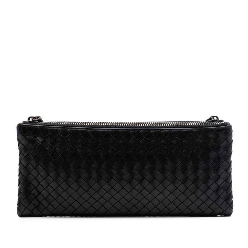 Bottega Veneta Nappa Intrecciato Double Zip Clutch Black Leather Very good condition - Front View