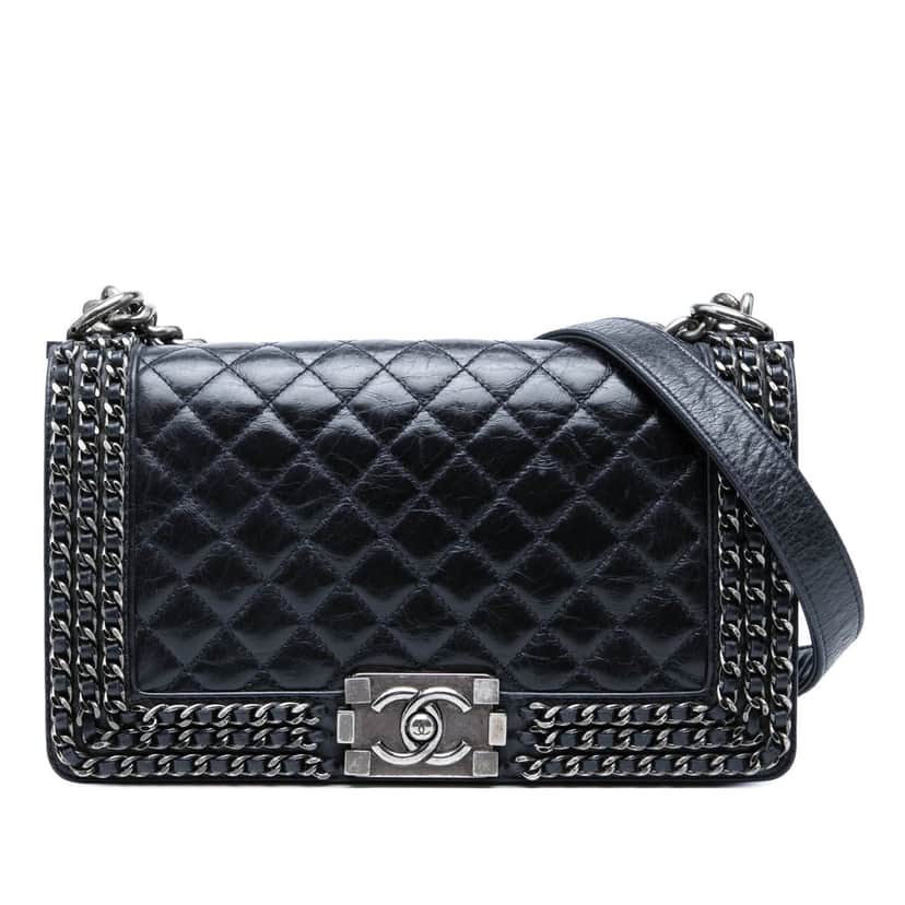 Chanel Old Medium Quilted Glazed Calfskin Chain Around Boy Flap Blue Leather Very good condition - Front View