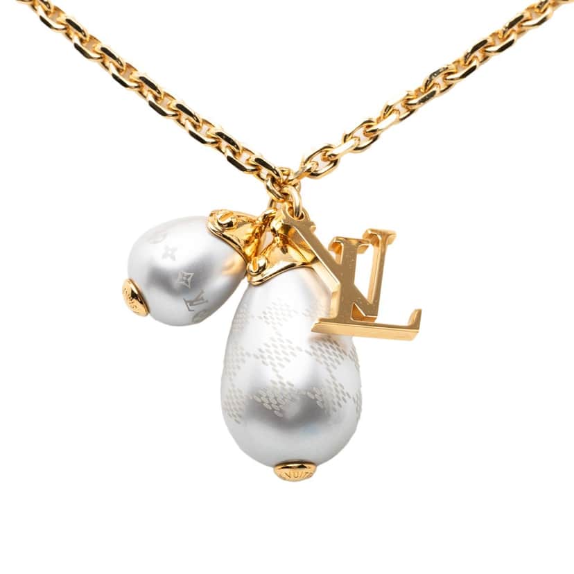Louis Vuitton Gold Plated Damier Perle Pendant Necklace Gold Metal Very good condition - Front View