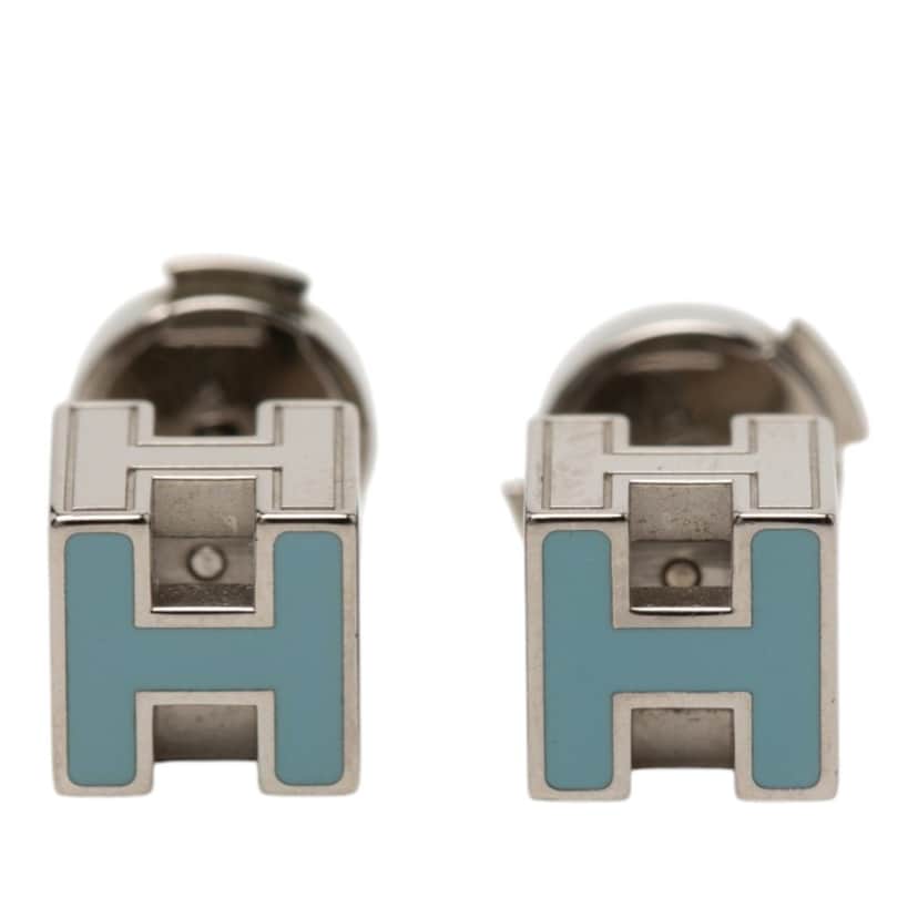 Hermès Palladium Plated Lacquer Cage dH Earrings Silver Metal Very good condition - Front View