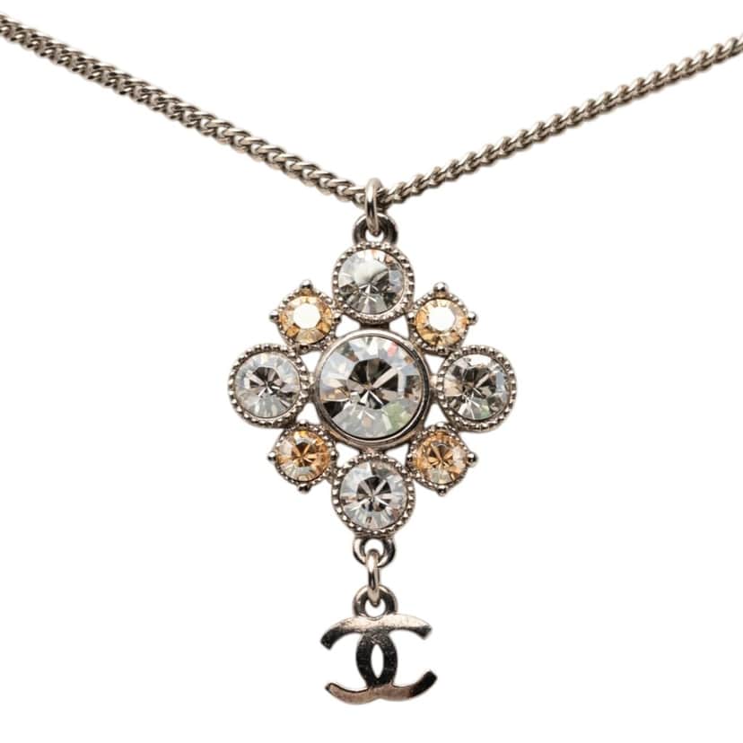 Chanel Brass CC Strass Pendant Necklace Silver Metal Very good condition - Front View