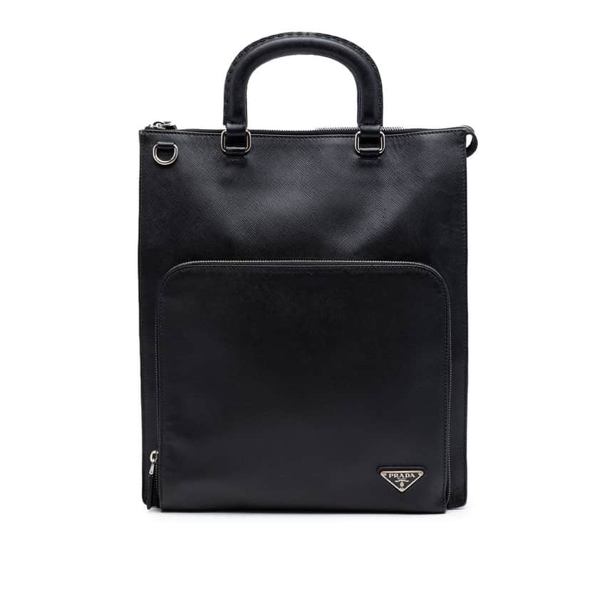 Prada Saffiano Lux Front Pocket Convertible Tote Black Leather Very good condition - Front View
