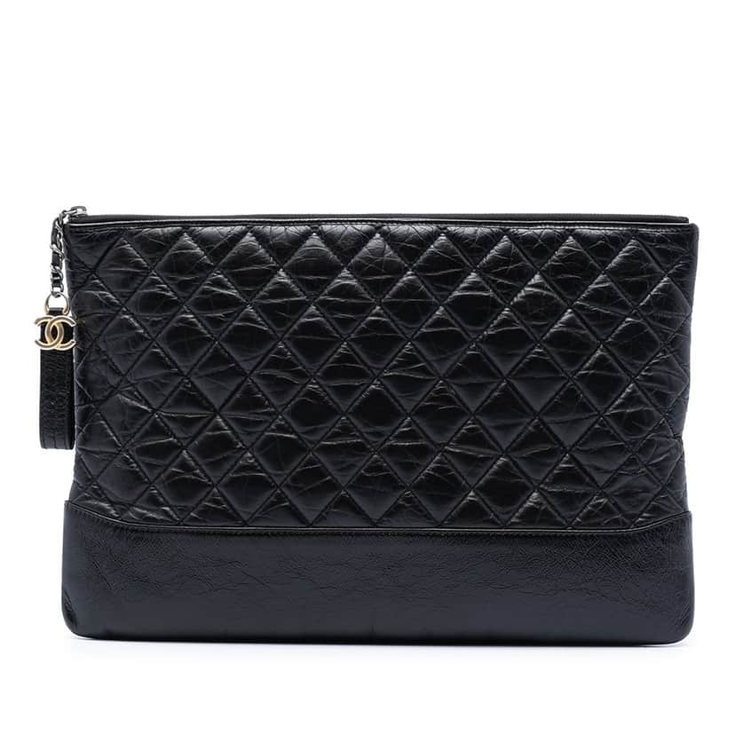 Chanel Large Aged Calfskin Gabrielle O Case Clutch Black Leather Very good condition - Front View