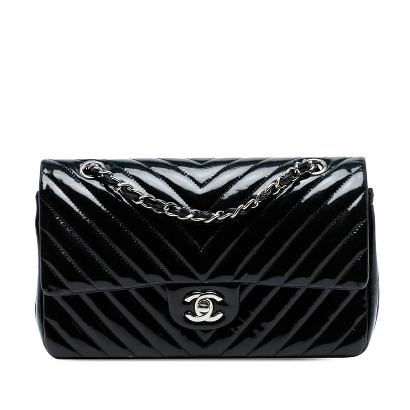 Chanel Medium Classic Chevron Patent Double Flap Blue Leather Very good condition - Front View