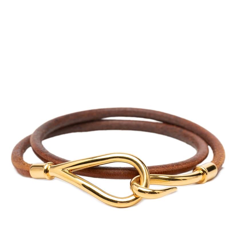 Hermès Gold Plated and Leather Jumbo Hook Double Tour Bracelet Brown Leather Very good condition - Front View