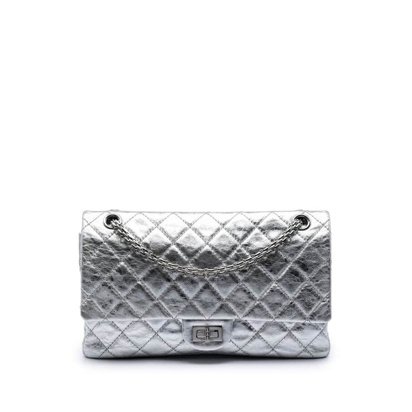 Chanel Quilted Metallic Aged Calfskin Reissue 2.55 Double Flap 226 Silver Leather Very good condition - Front View