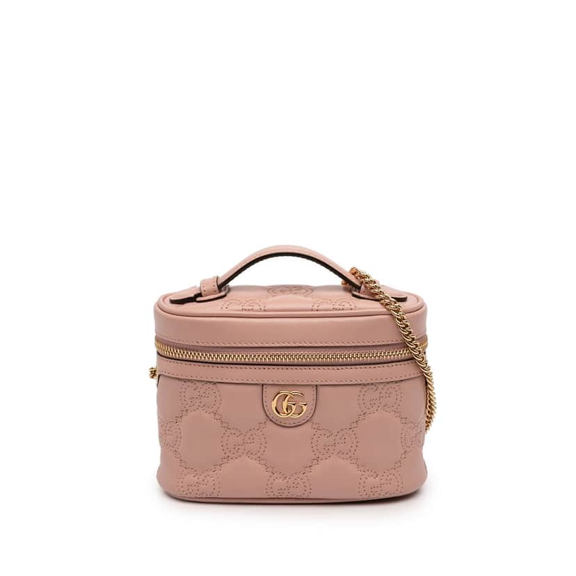 Gucci Mini GG Marmont Matelasse Calfskin Top Handle Vanity Chain Bag Pink Leather Very good condition - Front View