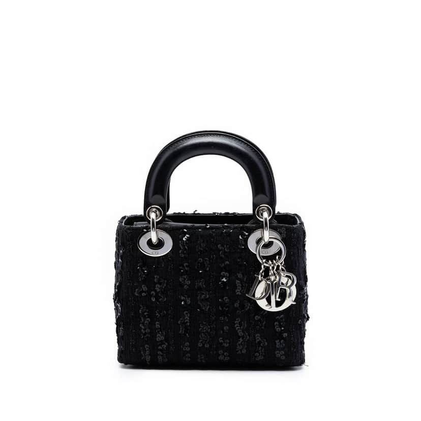 Dior Mini Tweed and Sequin Embellished Lady Dior Black Very good condition - Front View