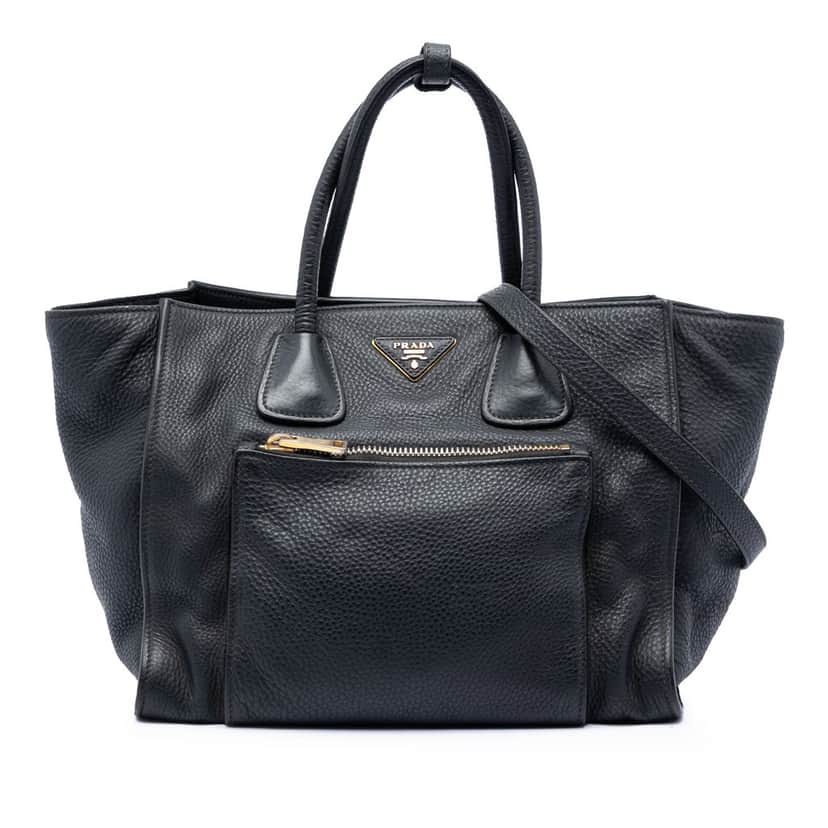 Prada Vitello Daino Front Pocket Open Convertible Tote Black Leather Very good condition - Front View
