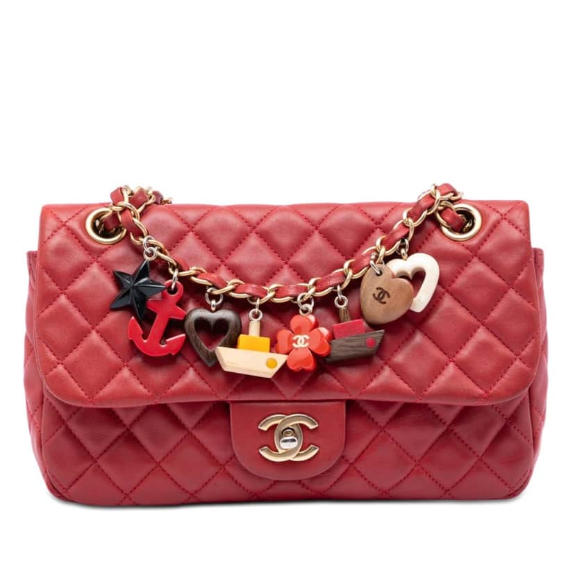 Chanel Medium Classic Lambskin Marine Charms Single Flap Red Leather Very good condition - Front View