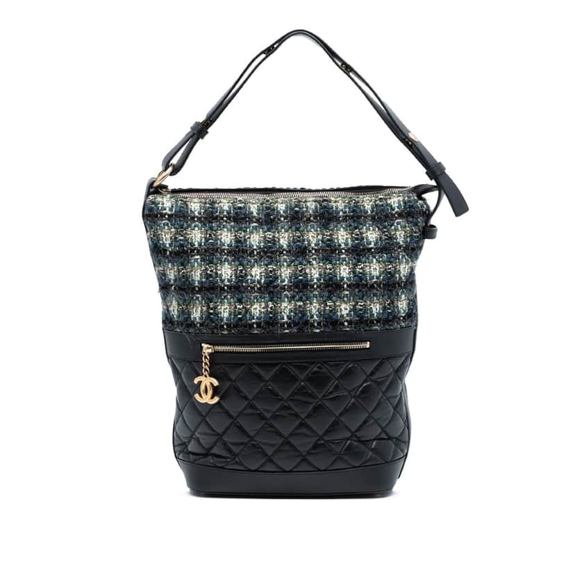 Chanel Quilted Aged Calfskin and Tweed Casual Style Hobo Black Leather Very good condition - Front View