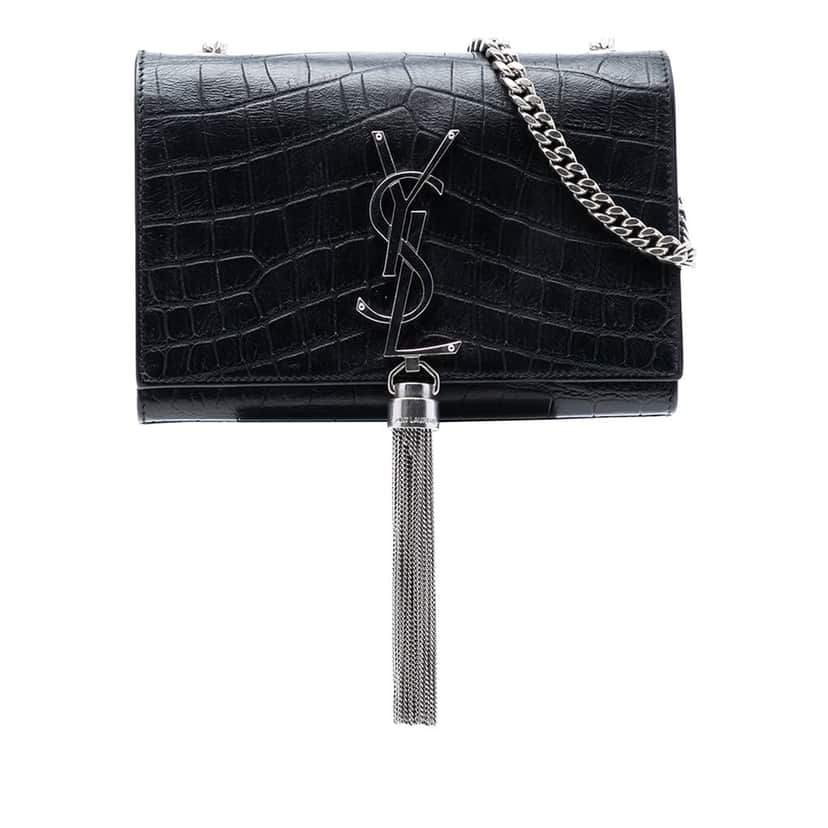 Saint Laurent Small Croc Embossed Leather Monogram Kate Tassel Crossbody Black Leather Very good condition - Front View