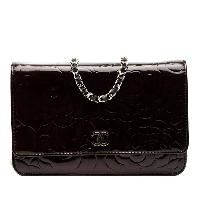 Chanel CC Embossed Patent Camellia Wallet On Chain Brown Leather Very good condition - Front View