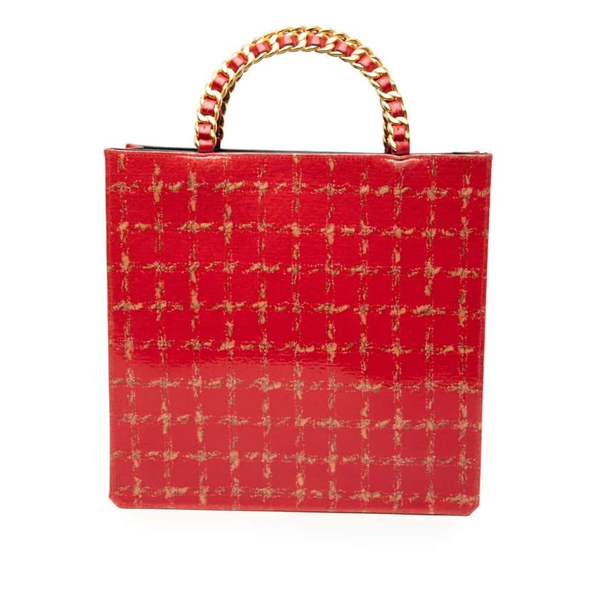 Chanel Chocolate Bar Patent Tweed Print Tote Red Leather Very good condition - Front View