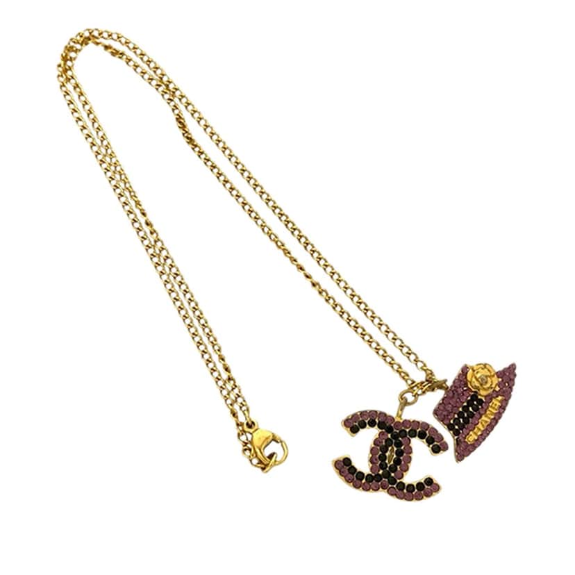 Chanel Gold Plated Rhinestone CC and Camellia Hat Pendant Necklace Gold Metal Very good condition - Front View