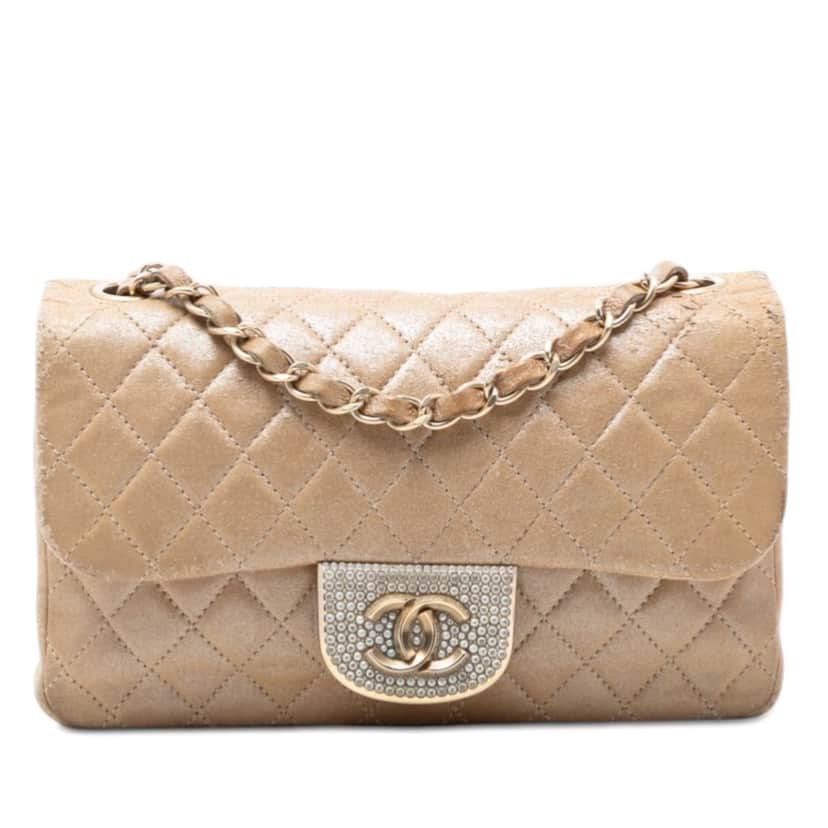 Chanel Small Quilted Iridescent Lambskin Pearl CC Crystal Flap Gold Leather Good condition - Front View
