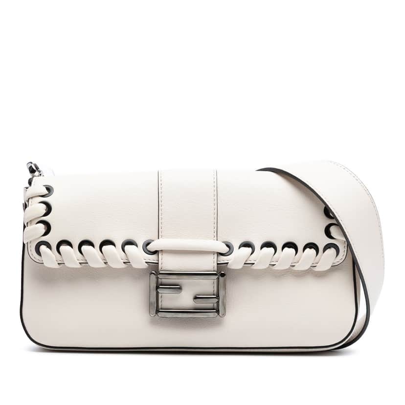 Fendi Whipstitch Leather Baguette Crossbody White Leather Very good condition - Front View