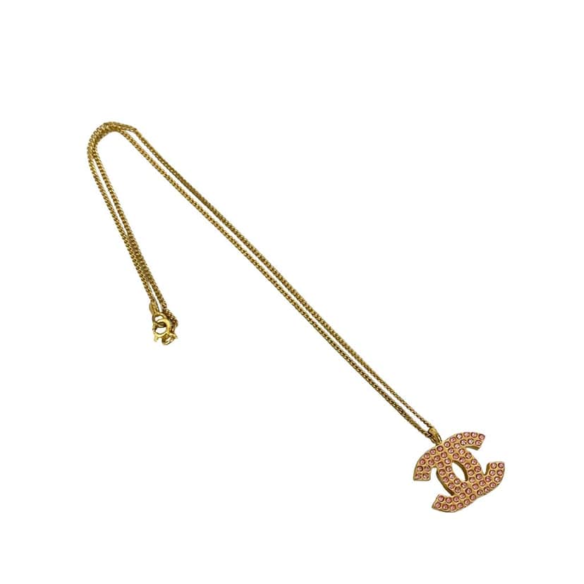 Chanel CC Gold Plated Rhinestone Pendant Necklace Gold Metal Very good condition - Front View