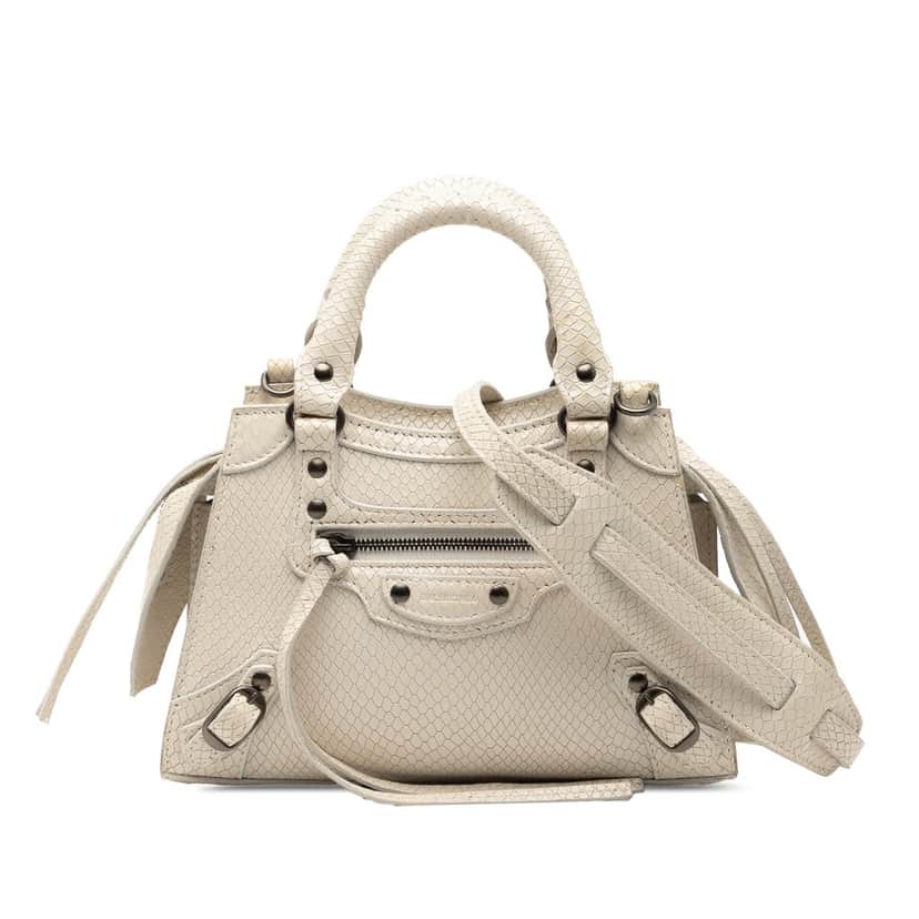 Balenciaga Mini Python Embossed Calfskin Neo Classic City Satchel White Leather Very good condition - Front View