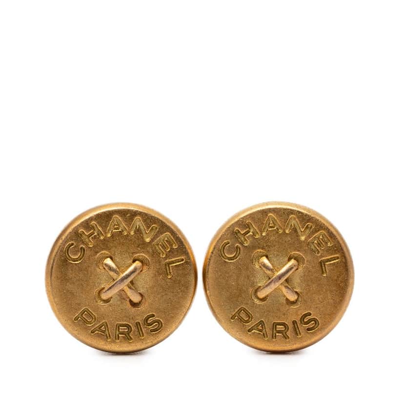 Chanel Gold Plated Round Button Clip On Earrings Gold Metal Very good condition - Front View
