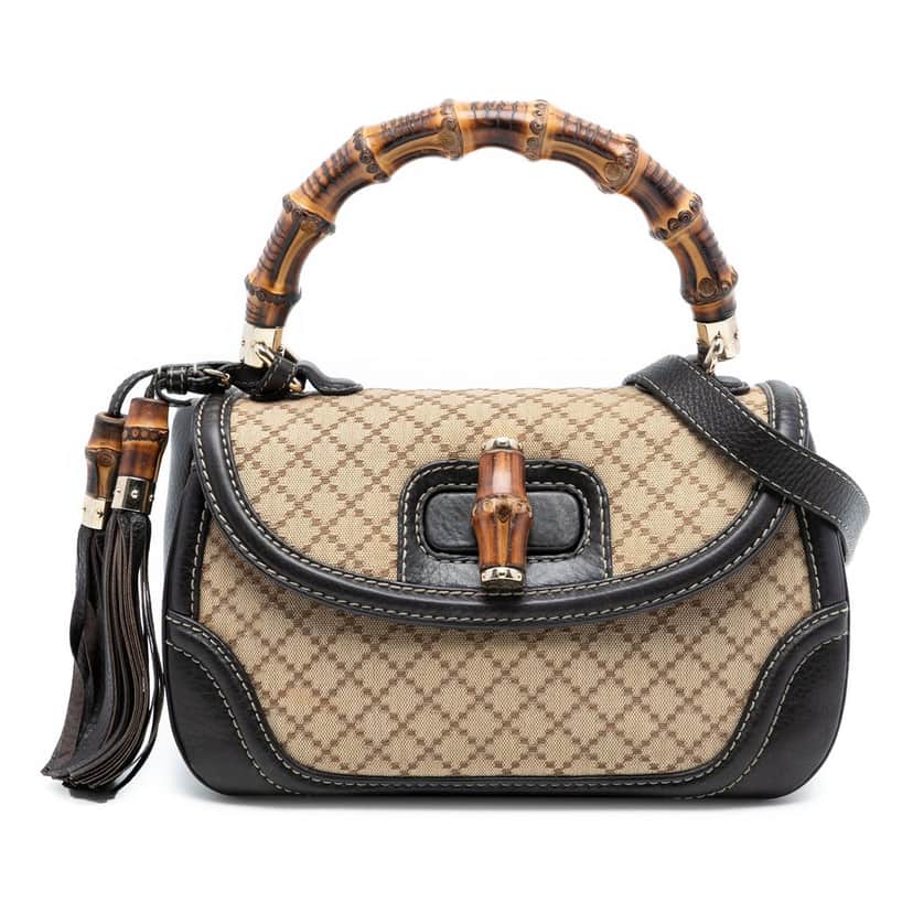 Gucci Medium Diamante Canvas New Bamboo Satchel Beige Very good condition - Front View