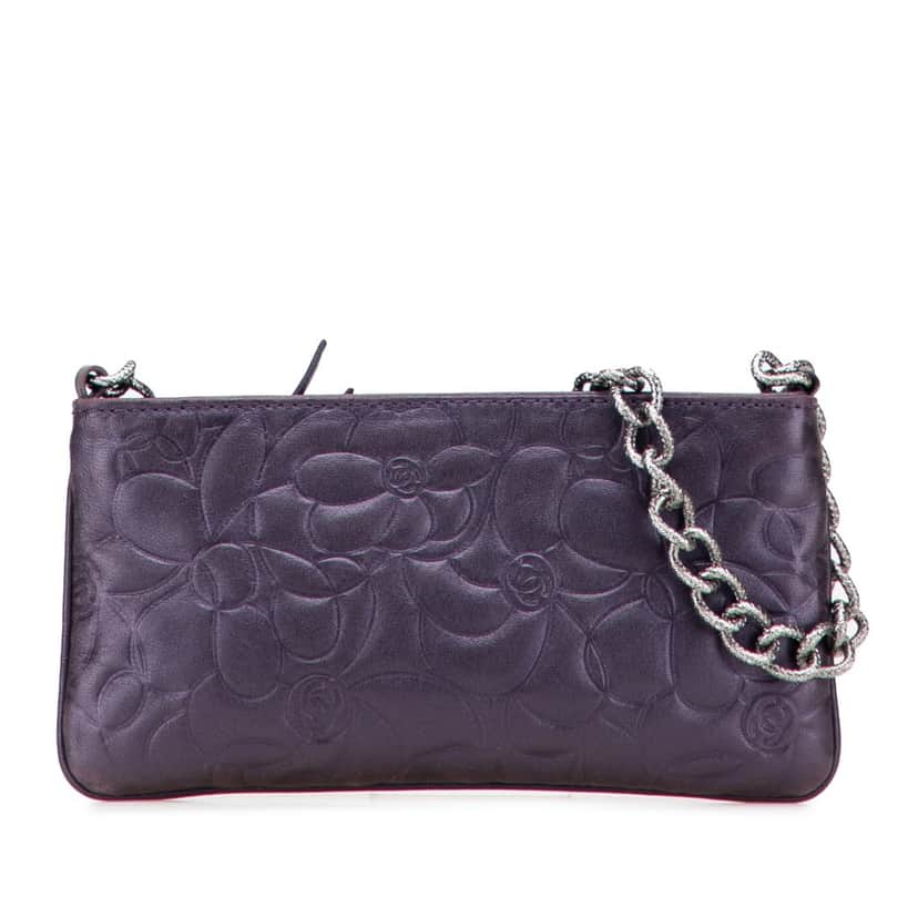 Chanel Embossed Lambskin Camellia Chain Pochette Purple Leather Very good condition - Front View