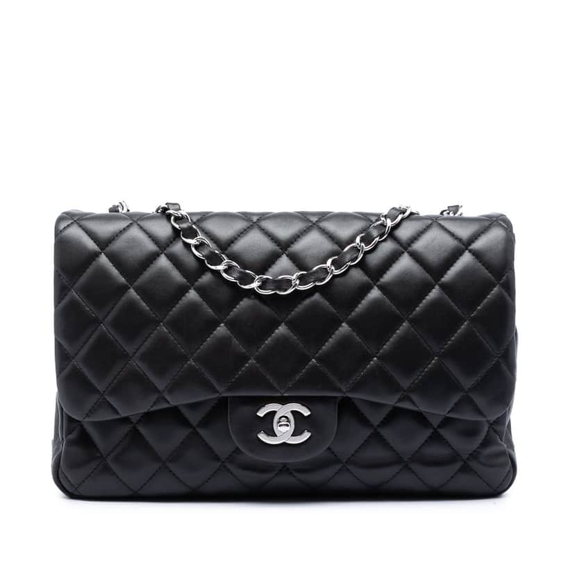 Chanel Jumbo Classic Lambskin Single Flap Black Leather Very good condition - Front View
