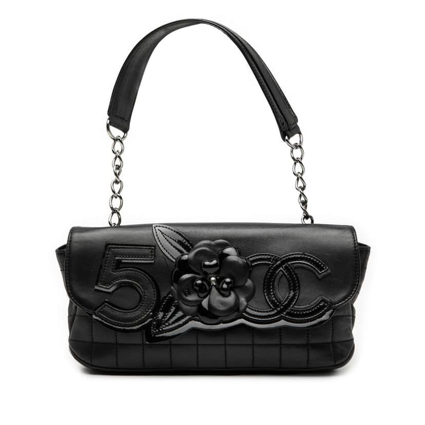 Chanel Camellia CC Choco Bar No 5 Lambskin Shoulder Bag Black Leather Very good condition - Front View