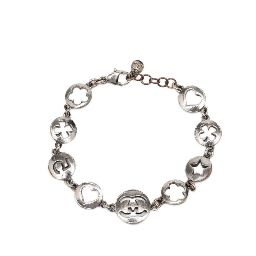 Chanel CC Plated No. 5 Cutout Charms Chain Bracelet Silver Metal Very good condition - Front View