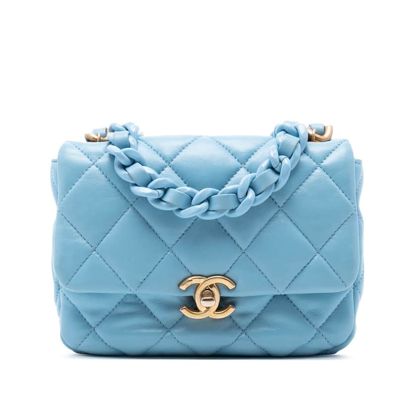 Chanel Mini Quilted Lambskin Lacquered Chain Flap Blue Leather Very good condition - Front View