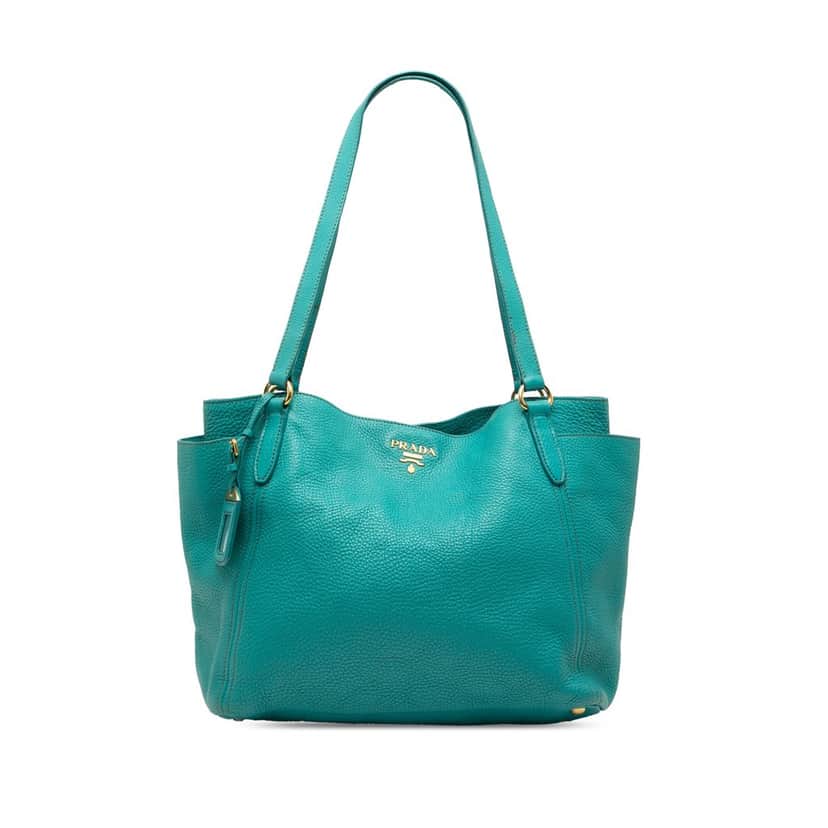 Prada Vitello Daino Side Pocket Tote Blue Leather Very good condition - Front View
