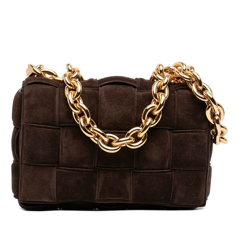 Bottega Veneta Suede Intrecciato Padded Chain Cassette Satchel Brown Leather Very good condition - Front View