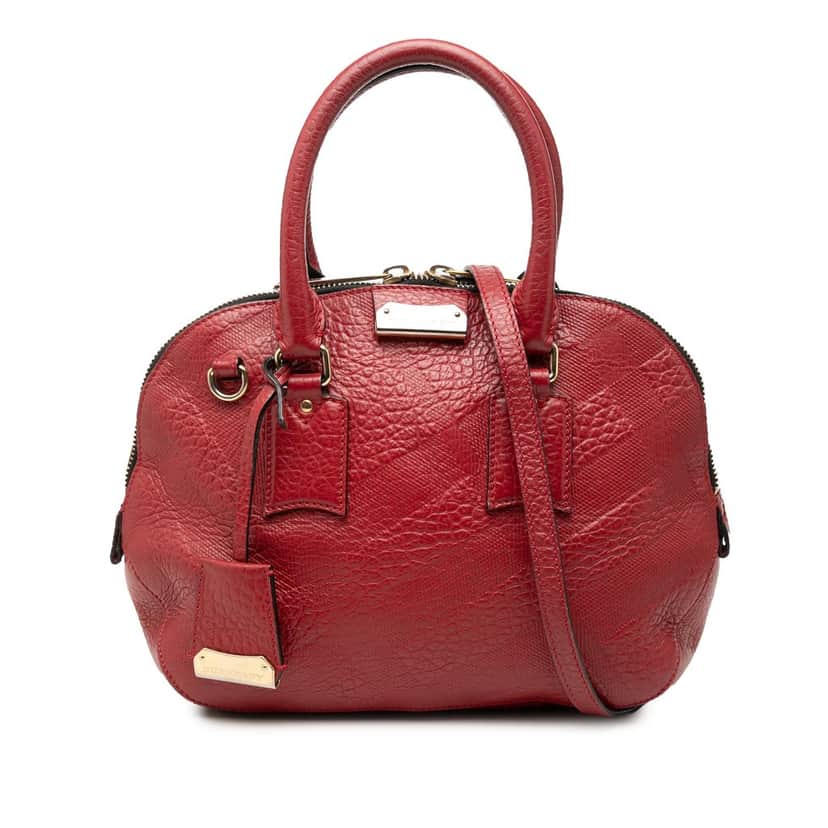 Burberry Small Heritage Grain Check Embossed Leather Orchard Bowling Bag Red Leather Very good condition - Front View