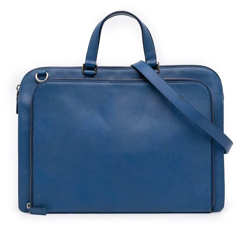 Prada Saffiano Cuir Travel Front Zip Pocket Briefcase Blue Leather Very good condition - Front View