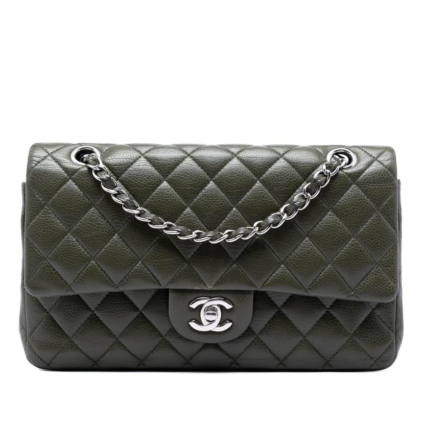 Chanel Medium Classic Caviar Double Flap Green Leather Very good condition - Front View