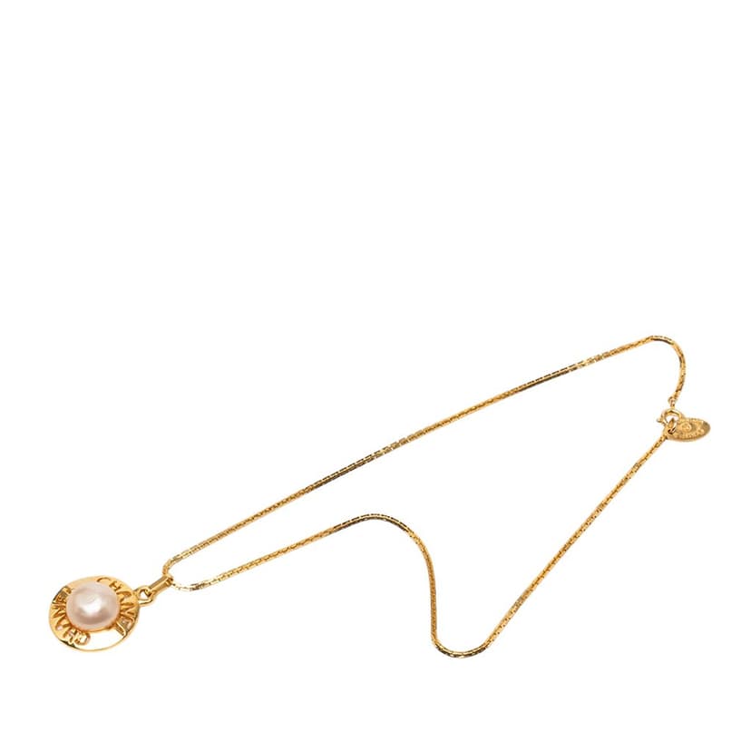 Chanel Gold Plated Faux Pearl Logo Round Pendant Necklace